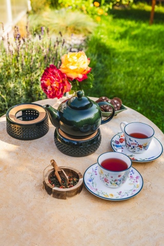 Stojak podgrzewacz ceramiczny pod imbryk garnek na świeczkę ciemno zielony ażurkowy wzór