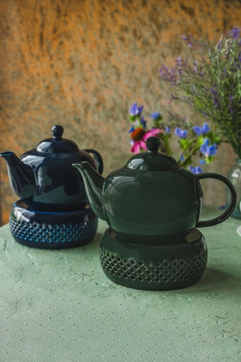Stojak podgrzewacz ceramiczny pod imbryk garnek na świeczkę ciemno zielony ażurkowy wzór
