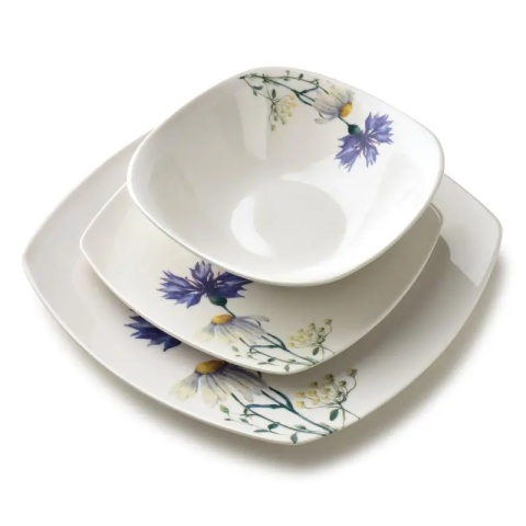 Serwis obiadowy kwadratowy lea cornflower porcelana zestaw na prezent dla 6 osób miska