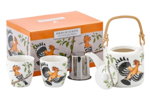 Dzbanek 2 kubki czarki zestaw do herbaty porcelana dudek ptaki Polski Hajdecka