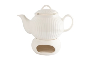 Kremowy dzbanek ceramiczny 1L z podgrzewaczem i sitkiem Mieroszów – ryflowany