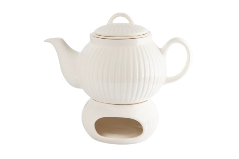 Kremowy dzbanek ceramiczny 1L z podgrzewaczem i sitkiem Mieroszów – ryflowany