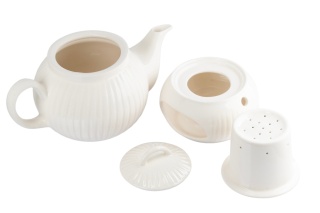 Kremowy dzbanek ceramiczny 1L z podgrzewaczem i sitkiem Mieroszów – ryflowany