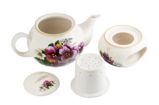 Kremowy dzbanek ceramiczny 1L z podgrzewaczem i sitkiem Mieroszów – bratki, złoty rant