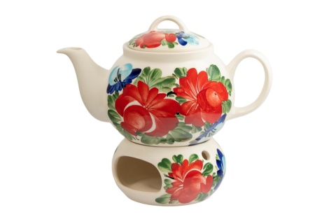 Kremowy imbryk ceramiczny 1L z podgrzewaczem Mieroszów, ozdobiony ludowym wzorem w czerwone i niebieskie kwiaty.
