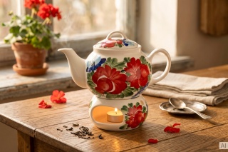 Kremowy imbryk ceramiczny 1L z podgrzewaczem Mieroszów – kolorowe kwiaty