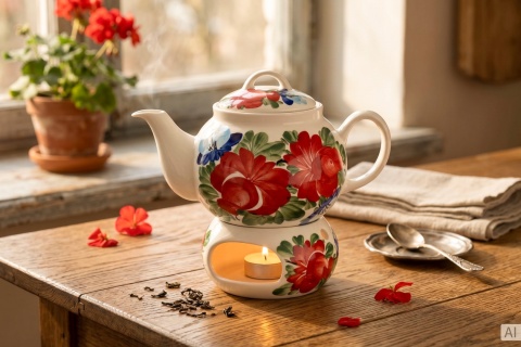 Kremowy imbryk ceramiczny 1L z podgrzewaczem Mieroszów – kolorowe kwiaty