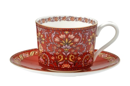 Filiżanka porcelana kostna do herbaty ze spodkiem w pudełku czerwona orient kwiaty