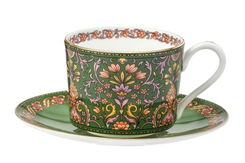 Filiżanka do herbaty porcelana kostna ze spodkiem w pudełku zielona orient kwiaty