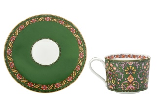 Filiżanka do herbaty porcelana kostna ze spodkiem w pudełku zielona orient kwiaty