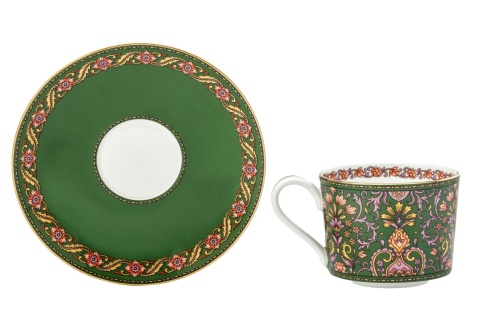 Filiżanka do herbaty porcelana kostna ze spodkiem w pudełku zielona orient kwiaty