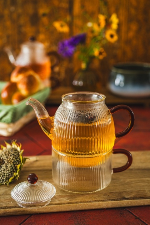 Filiżanka dzbanuszek komplet szklany tea for one Justine amber czajniczek szkło