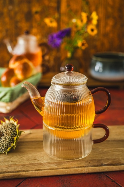 Filiżanka dzbanuszek komplet szklany tea for one Justine amber czajniczek szkło