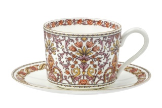 Filiżanka do kawy porcelana kostna ze spodkiem w pudełku biała orient kwiaty