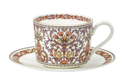 Filiżanka do kawy porcelana kostna ze spodkiem w pudełku biała orient kwiaty