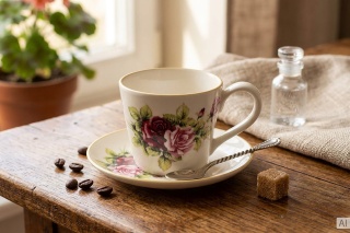 Kremowa filiżanka do espresso ze spodkiem 80 ml Mieroszów – róże, złoty rant