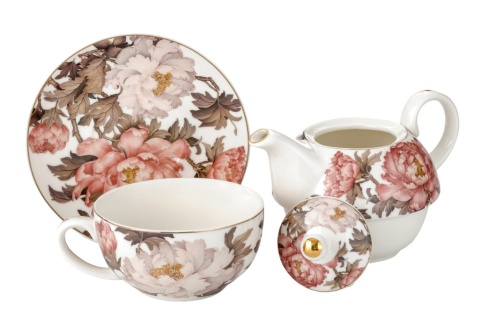 Filiżanka z dzbankiem tea for one kwiaty piwonie peony do herbaty na prezent