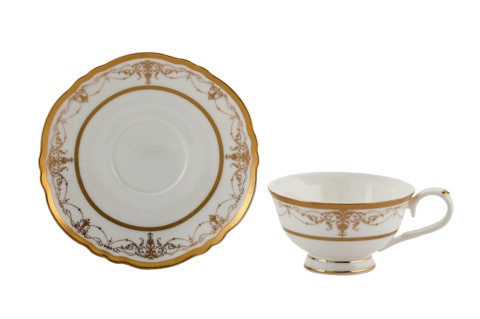 Filiżanki porcelana kostna ze spodkiem 2 szt w pudełku białe złote na prezent