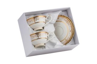 Filiżanki porcelana kostna ze spodkiem 2 szt w pudełku białe złote na prezent