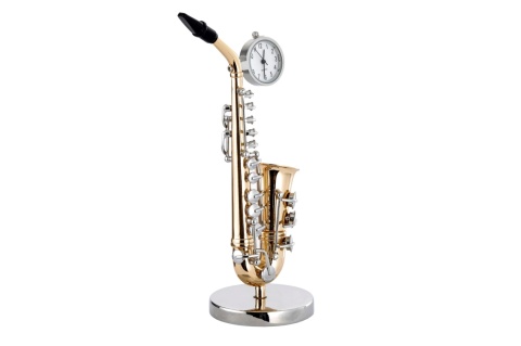Saksofon zegarek dekoracja figurka do biura metalowa złota instrument na prezent