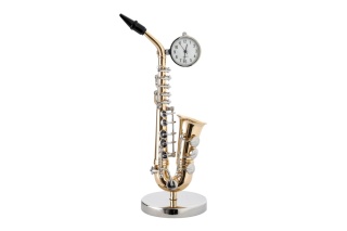 Saksofon zegarek dekoracja figurka do biura metalowa złota instrument na prezent