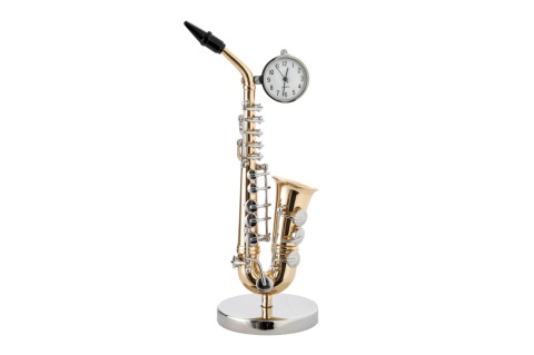Saksofon zegarek dekoracja figurka do biura metalowa złota instrument na prezent