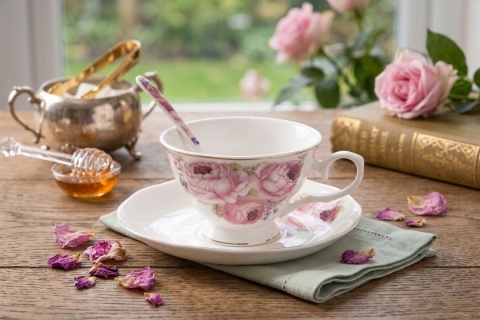 Komplet 6 filiżanek z porcelany z różą francuską