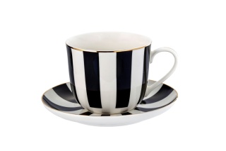 Filiżanka ze spodkiem jumbo do kawy herbaty na prezent pasy porcelana biała czarna