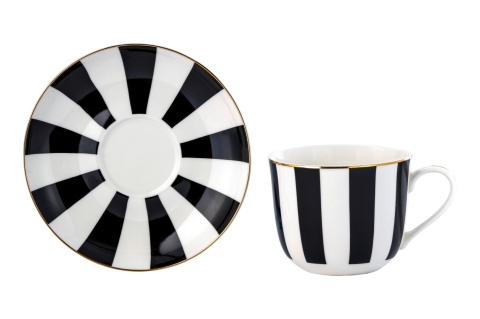 Filiżanka ze spodkiem jumbo do kawy herbaty na prezent pasy porcelana biała czarna