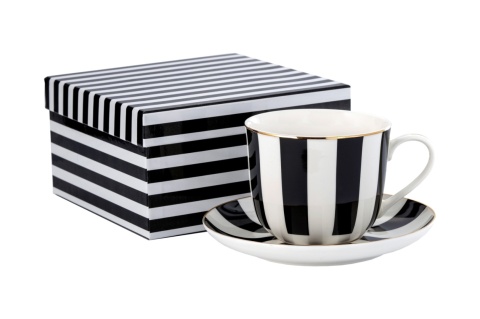Filiżanka ze spodkiem jumbo do kawy herbaty na prezent pasy porcelana biała czarna