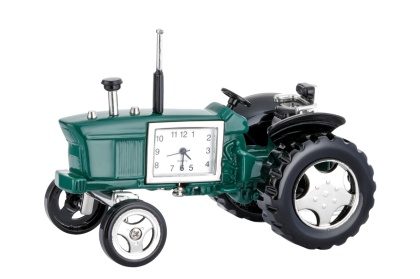 Traktor z zegarkiem figurka zielona na biurko dekoracja metalowa na urodziny auto
