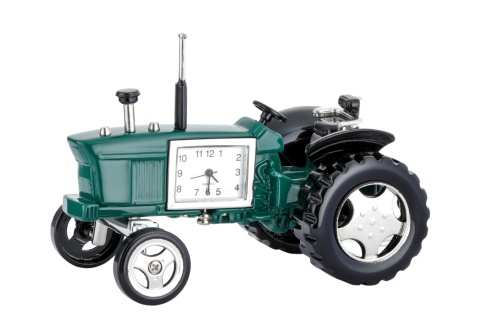 Traktor z zegarkiem figurka zielona na biurko dekoracja metalowa na urodziny auto