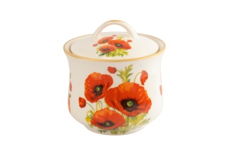 Kremowa cukiernica ceramiczna Mieroszów z pokrywką – motyw maki, złoty rant