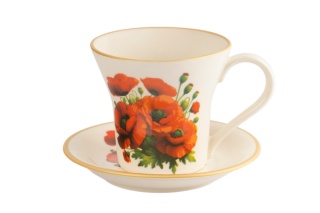 Kremowa filiżanka ceramiczna ze spodkiem 250ml Mieroszów – maki, złoty rant