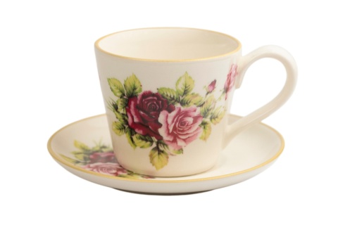 Kremowa filiżanka do espresso ze spodkiem 80 ml z Mieroszowa, ozdobiona różami i złotym rantem.