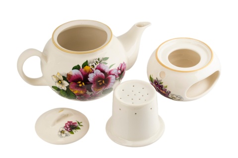 Kremowy dzbanek ceramiczny 1L z podgrzewaczem i sitkiem Mieroszów – bratki, złoty rant