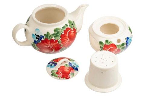 Kremowy imbryk ceramiczny 1L z podgrzewaczem i sitkiem Mieroszów – kolorowe kwiaty