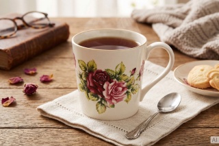 Kremowy kubek ceramiczny 360 ml Mieroszów – motyw róże, złoty rant