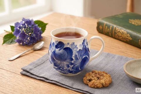 Kremowy duży kubek ceramiczny 430 ml Mieroszów – baryłka, niebieskie kwiaty