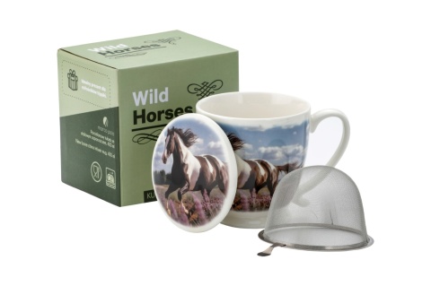 Kubek sitko filtr porcelana do herbaty ziół przykrywka na urodziny dzikie konie koń