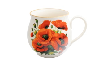 Kremowy duży kubek ceramiczny 430 ml Mieroszów – baryłka, maki, złoty rant