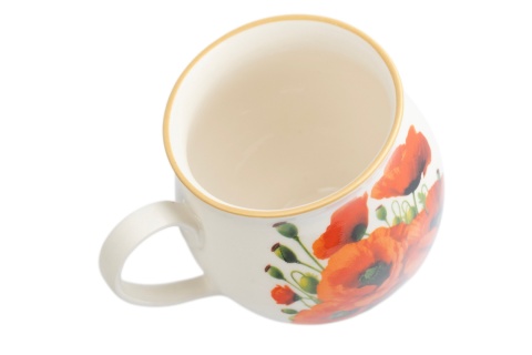 Kremowy duży kubek ceramiczny 430 ml Mieroszów – baryłka, maki, złoty rant