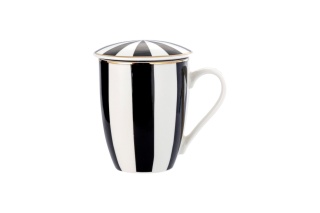 Kubek z zaparzaczem przykrywka do ziół herbaty porcelana na prezent pasy białe czarne