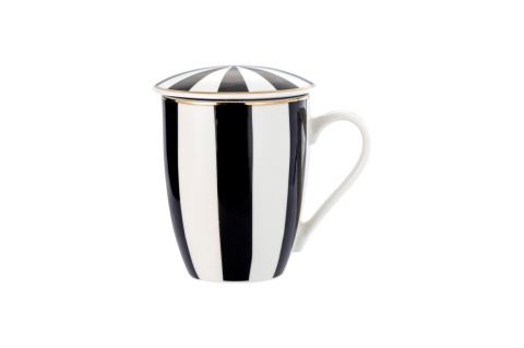 Kubek z zaparzaczem przykrywka do ziół herbaty porcelana na prezent pasy białe czarne