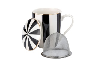 Kubek z zaparzaczem przykrywka do ziół herbaty porcelana na prezent pasy białe czarne