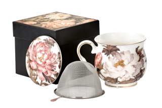 Kubek z zaparzaczem i przykrywką piwonie do ziół herbaty porcelana na urodziny