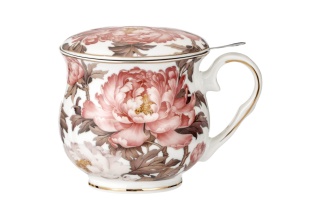 Kubek z zaparzaczem i przykrywką piwonie do ziół herbaty porcelana na urodziny