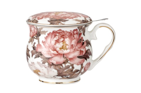 Kubek z zaparzaczem i przykrywką piwonie do ziół herbaty porcelana na urodziny