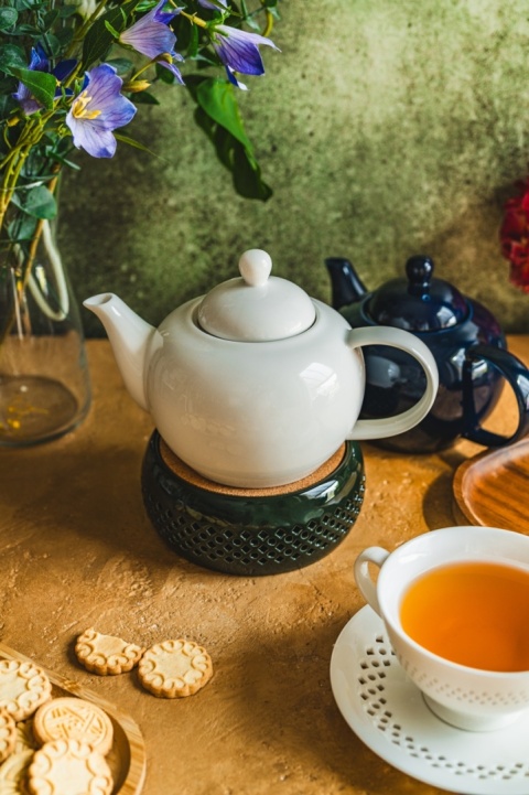 Stojak podgrzewacz ceramiczny pod imbryk garnek na świeczkę ciemno zielony ażurkowy wzór