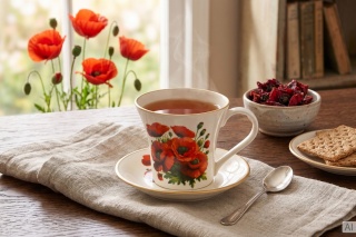Kremowa filiżanka ceramiczna ze spodkiem 250ml Mieroszów – maki, złoty rant